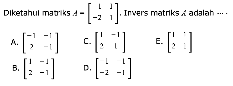 Diketahui matriks A=(-1 1 -2 1). Invers matriks A adalah ...