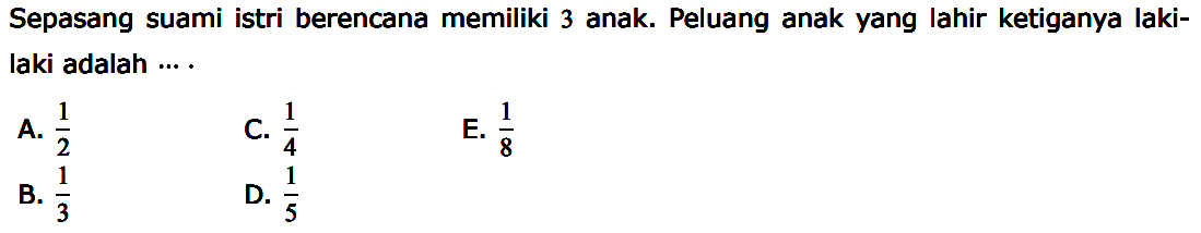 Sepasang suami istri berencana memiliki 3 anak. Peluang anak yang lahir ketiganya laki-laki adalah ....

