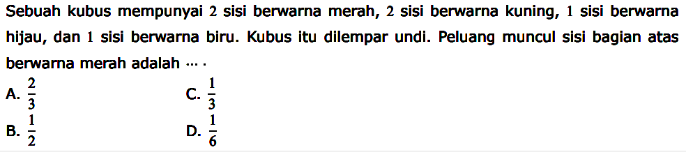 Sebuah kubus mempunyai 2 sisi berwarna merah, 2 sisi berwarna kuning, 1 sisi berwarna hijau, dan 1 sisi berwarna biru. Kubus itu dilempar undi. Peluang muncul sisi bagian atas berwarna merah adalah ....