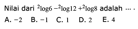 Nilai dari 2log 6 -2log 12 +2log8 adalah