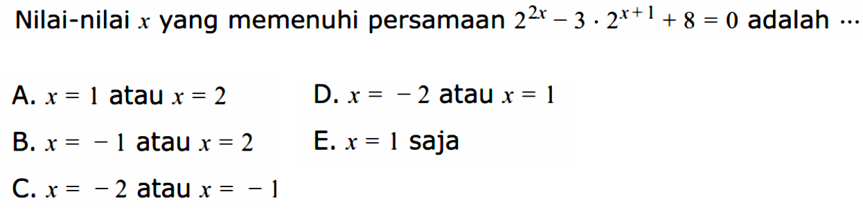 Nilai-nilai x yang memenuhi persamaan 2^2x-3.2^(x+1)+8=0 adalah ....