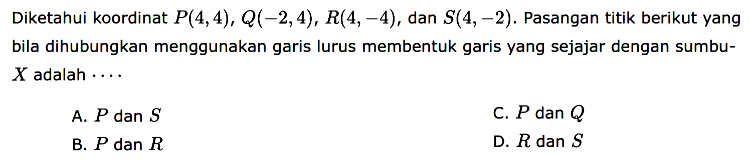 Diketahui koordinat P(4, 4), Q(-2 ,4), R(4, -4), dan S(4, -2) . Pasangan titik berikut yang bila dihubungkan menggunakan garis lurus membentuk garis yang sejajar dengan sumbu-X adalah ...