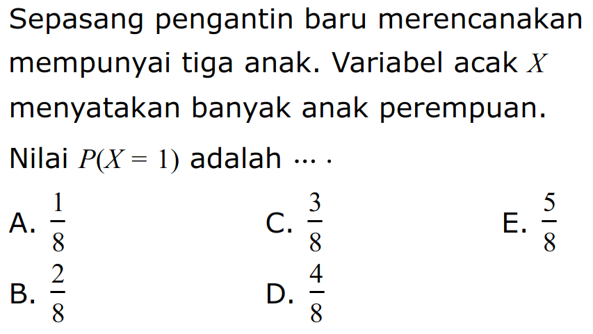 Sepasang pengantin baru merencanakan mempunyai tiga anak. Variabel acak X menyatakan banyak anak perempuan. Nilai P(X=1) adalah ... .