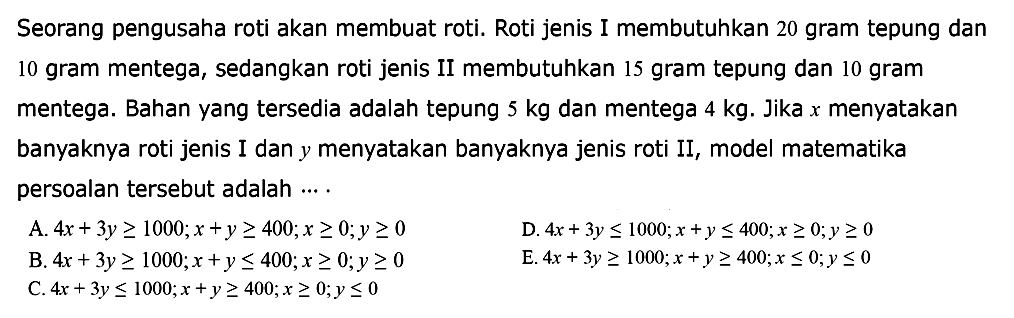 Seorang pengusaha roti akan membuat roti. Roti jenis I membutuhkan 20 gram tepung dan 10 gram mentega, sedangkan roti jenis II membutuhkan 15 gram tepung dan 10 gram mentega. Bahan yang tersedia adalah tepung 5 kg dan mentega 4 kg. Jika x menyatakan banyaknya roti jenis I dan y menyatakan banyaknya jenis roti II, model matematika persoalan tersebut adalah...