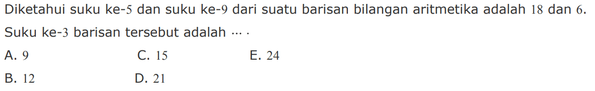 Diketahui suku ke-5 dan suku ke-9 dari suatu barisan bilangan aritmetika adalah 18 dan 6. Suku ke-3 barisan tersebut adalah 