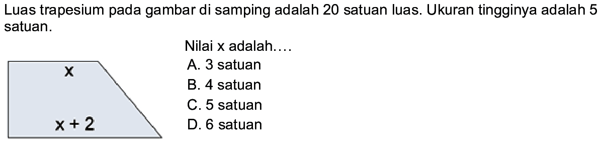 Luas trapesium pada gambar di samping adalah 20 satuan luas. Ukuran tingginya adalah 5 satuan.x x+2Nilai  x  adalah....