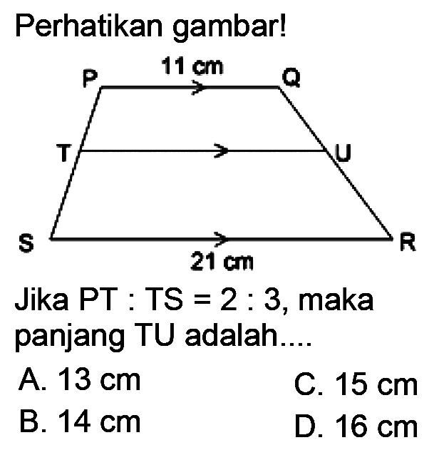 Perhatikan gambar!Jika PT : TS = 2: 3, maka panjang TU adalah....A.  13 cm C.  15 cm B.  14 cm D.  16 cm 