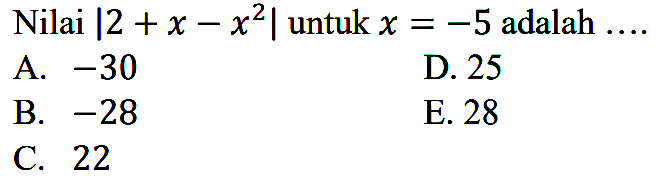 Nilai |2+x-x^2| untuk x=-5 adalah....