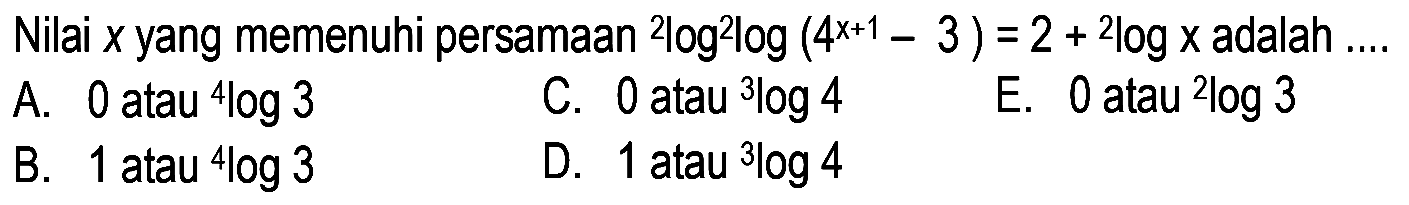 Nilai x yang memenuhi persamaan 2log2log(4^(x-1)-3)=2+2logx adalah ...