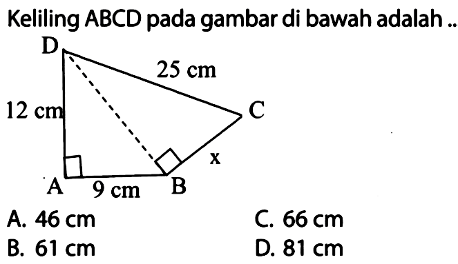 Keliling  ABCD  pada gambar di bawah adalah ..D 25 cm 12 cm C x A 9 cm B