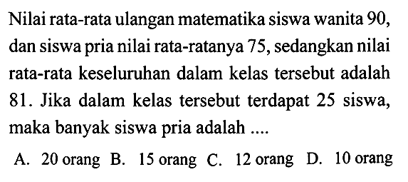 Nilai rata-rata ulangan matematika siswa wanita 90 , dan siswa pria nilai rata-ratanya 75 , sedangkan nilai rata-rata keseluruhan dalam kelas tersebut adalah 81. Jika dalam kelas tersebut terdapat 25 siswa, maka banyak siswa pria adalah ....