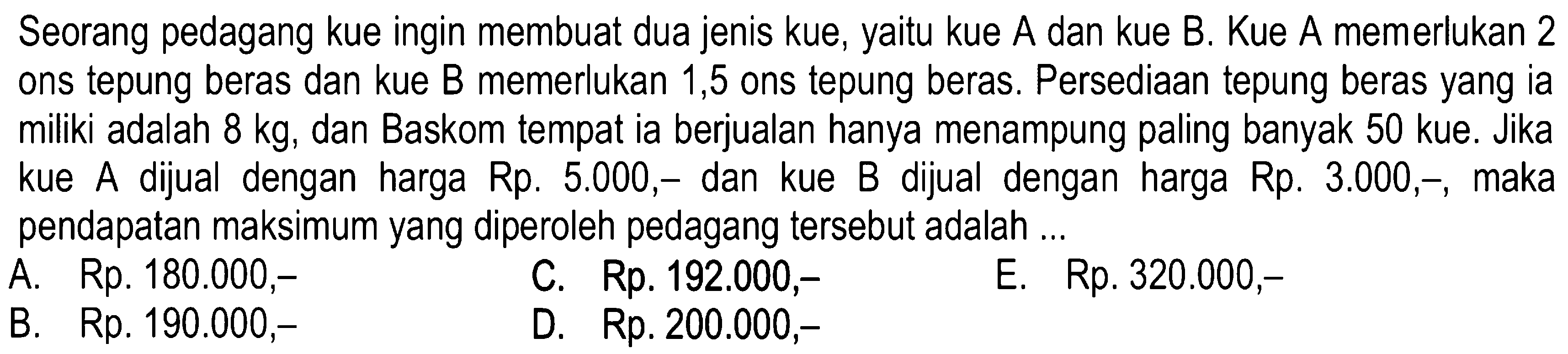 Seorang pedagang kue ingin membuat dua jenis kue, yaitu kue A dan kue B. Kue A memerlukan 2 ons tepung beras dan kue B memerlukan 1,5 ons tepung beras. Persediaan tepung beras yang ia miliki adalah 8 kg, dan Baskom tempat ia berjualan hanya menampung paling banyak 50 kue. Jika kue A dijual dengan harga Rp. 5.000,- dan kue B dijual dengan harga Rp. 3.000,-, maka pendapatan maksimum yang diperoleh pedagang tersebut adalah ...