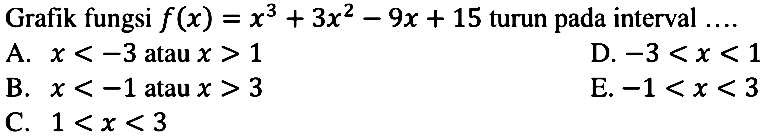 Grafik fungsi f(x)=x^3+3x^2-9x+15 turun pada interval ....