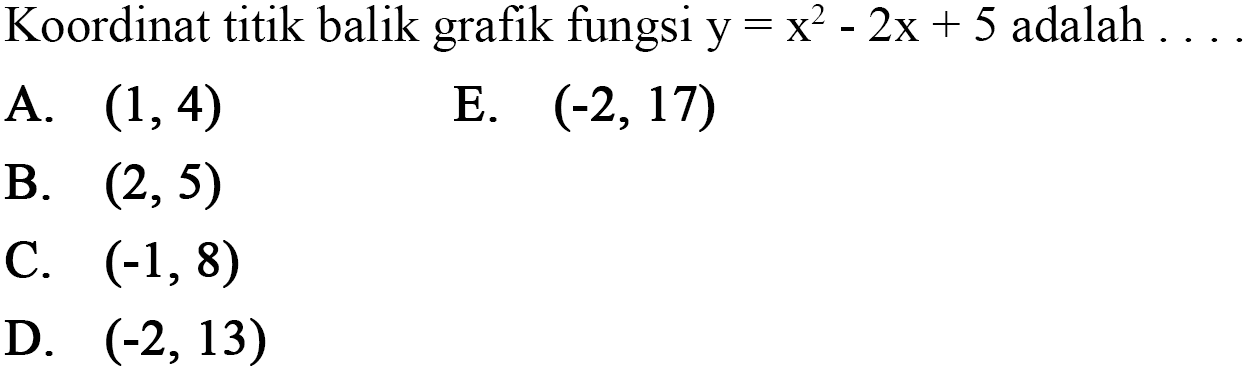 Koordinat titik balik grafik fungsi y=x^2-2x+5 adalah ... 
