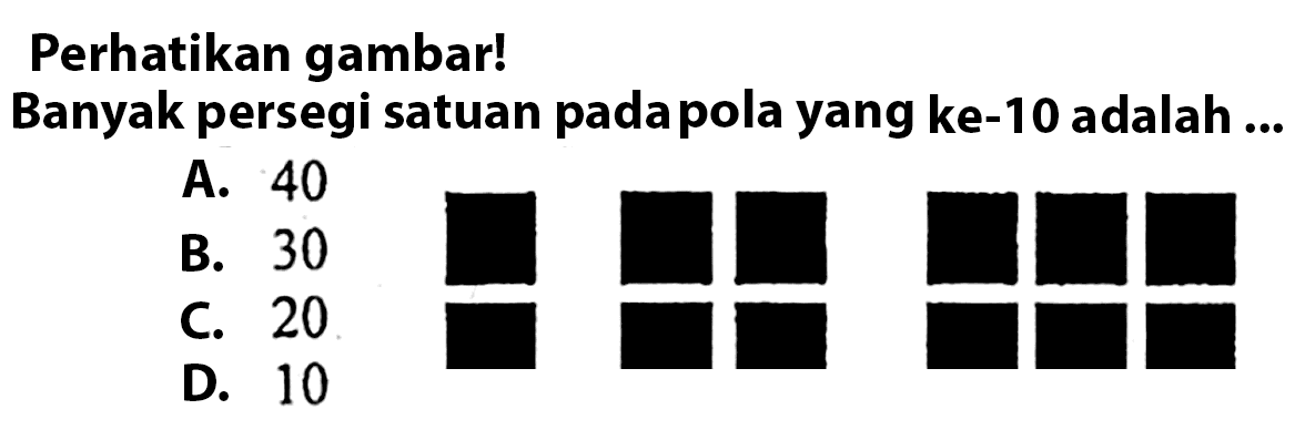 Perhatikan gambar! Banyak persegi satuan pada pola yang ke-10 adalah ...