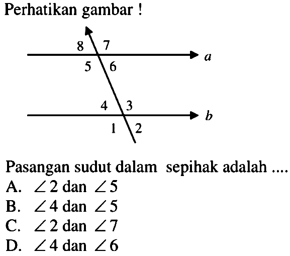 Perhatikan gambar!Pasangan sudut dalam sepihak adalah ....A.  sudut 2  dan  sudut 5 B.  sudut 4  dan  sudut 5 C.  sudut 2  dan  sudut 7 D.  sudut 4  dan  sudut 6 