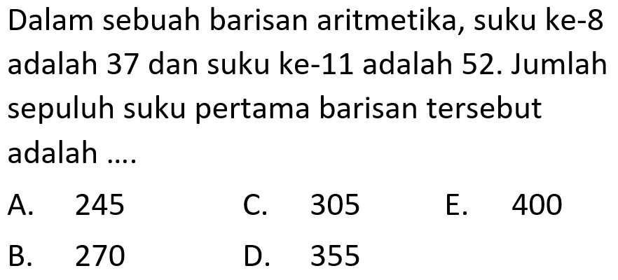 Dalam sebuah barisan aritmetika, suku ke-8 adalah 37 dan suku ke-11 adalah 52. Jumlah sepuluh suku pertama barisan tersebut adalah ....