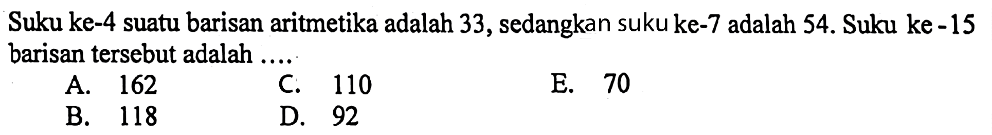 Suku ke-4 suatu barisan aritmetika adalah 33, sedangkan suku ke-7 adalah 54. Suku ke -15 barisan tersebut adalah ....