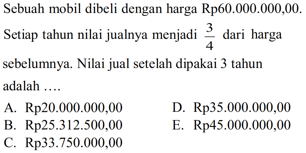 Sebuah mobil dibeli dengan harga Rp60.000.000,00. Setiap tahun nilai jualnya menjadi 3/4 dari harga sebelumnya. Nilai jual setelah dipakai 3 tahun adalah ...