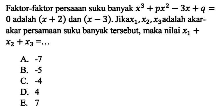 Faktor-faktor persaaan suku banyak x^3+px^2-3x+q=0 adalah (x+2) dan (x-3). Jika x1, x2, x3 adalah akar-akar persamaan suku banyak tersebut, maka nilai x1+x2+x3=...