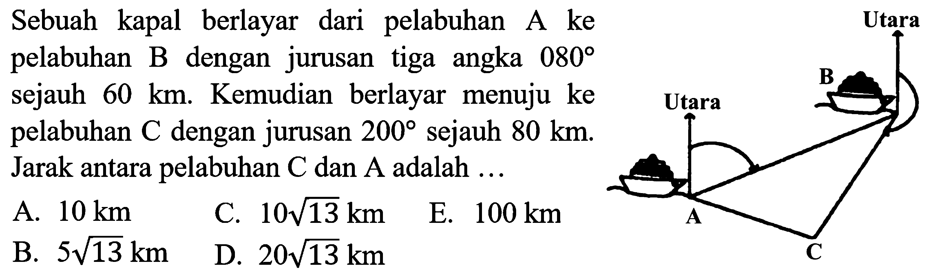 Sebuah kapal berlayar dari pelabuhan A ke pelabuhan B dengan jurusan tiga angka 080 sejauh 60 km. Kemudian berlayar menuju ke pelabuhan C dengan jurusan 200 sejauh 80 km. Jarak antara pelabuhan C dan A adalah....