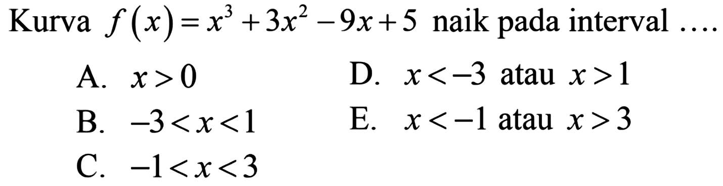 Kurva f(x)=x^3+3x^2-9x+5 naik pada interval ....