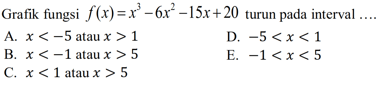 Grafik fungsi f(x)=x^3-6x^2-15x+20 turun pada interval ....
