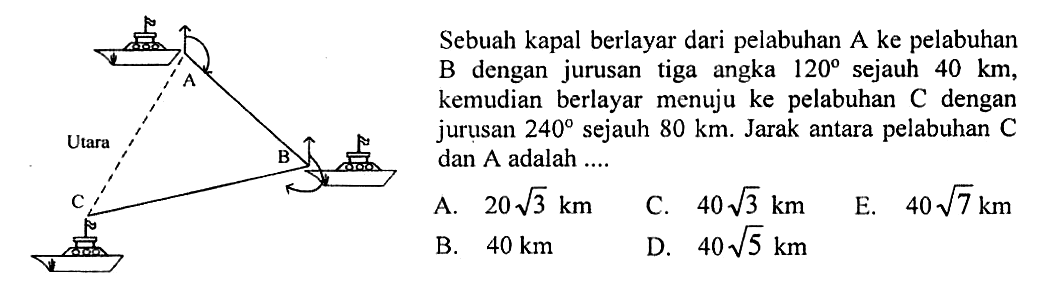 Sebuah kapal berlayar dari pelabuhan A ke pelabuhan B dengan jurusan tiga angka 120 sejauh 40 km, kemudian berlayar menuju ke pelabuhan C dengan jurusan 240 sejauh 80 km. Jarak antara pelabuhan Utara dan A adalah 