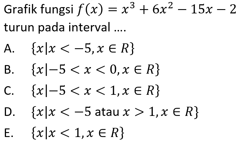 Grafik fungsi f(x)=x^3+6x^2-15x-2 turun pada interval....