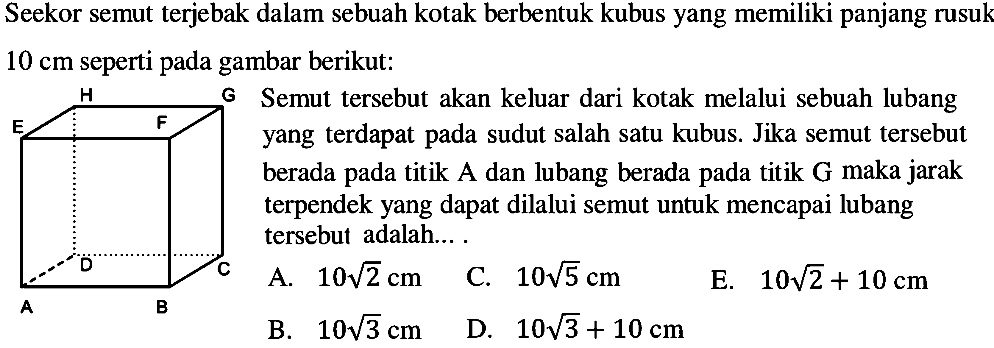 Seekor semut terjebak dalam sebuah kotak berbentuk kubus yang memiliki panjang rusuk 10 cm seperti pada gambar berikut: Semut tersebut akan keluar dari kotak melalui sebuah lubang yang terdapat pada sudut salah satu kubus. Jika semut tersebut berada pada titik A dan lubang berada pada titik G maka jarak terpendek yang dapat dilalui semut untuk mencapai lubang tersebut adalah...