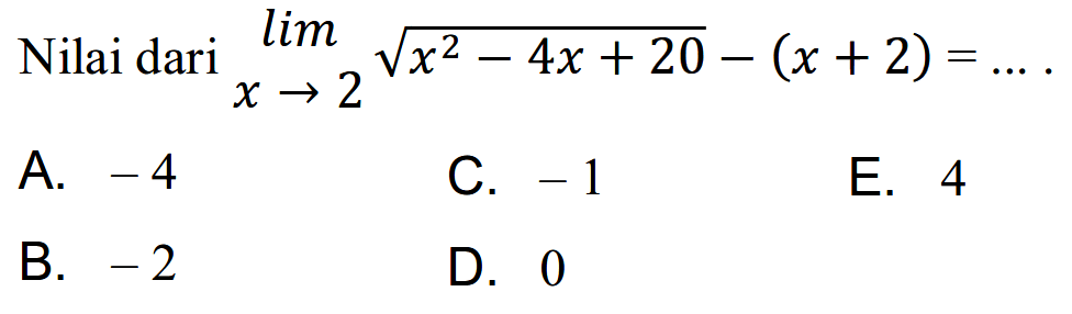 Nilai dari  lim  x -> 2 akar(x^2-4 x+20)-(x+2)=... 