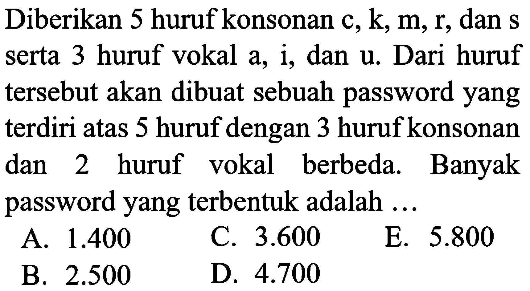 Diberikan 5 huruf konsonan c, k, m, r, dan s serta 3 huruf vokal a, i, dan u. Dari huruf tersebut akan dibuat sebuah password yang terdiri atas 5 huruf dengan 3 huruf konsonan dan 2 huruf vokal berbeda. Banyak password yang terbentuk adalah...