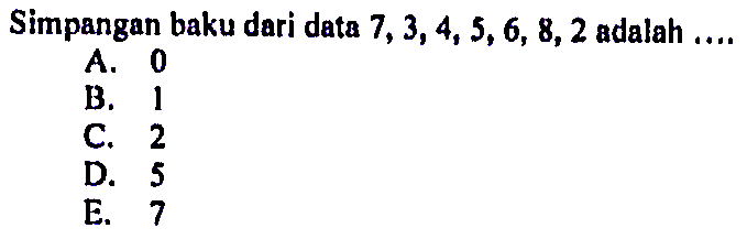 Simpangan baku dari data 7,3,4,5,6,8,2 adalah....