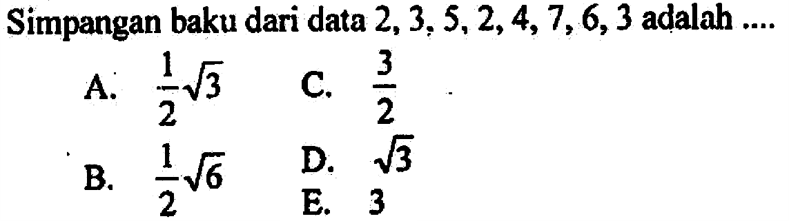 Simpangan baku dari data 2,3,5,2,4,7,6,3 adalah ....