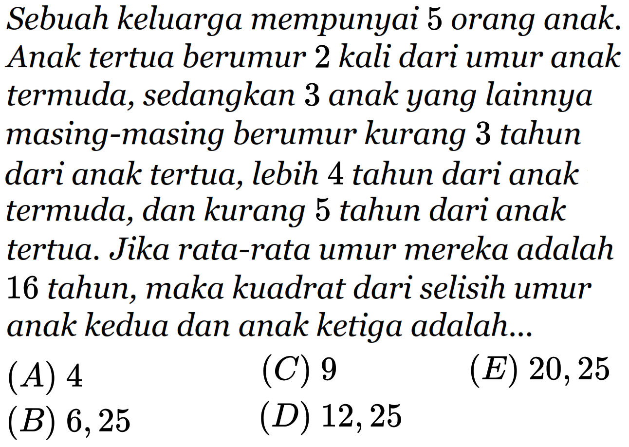 Sebuah keluarga mempunyai 5 orang anak. Anak tertua berumur 2 kali dari umur anak termuda, sedangkan 3 anak yang lainnya masing-masing berumur kurang 3 tahun dari anak tertua, lebih 4 tahun dari anak termuda, dan kurang 5 tahun dari anak tertua. Jika rata-rata umur mereka adalah 16 tahun, maka kuadrat dari selisih umur anak kedua dan anak ketiga adalah...
