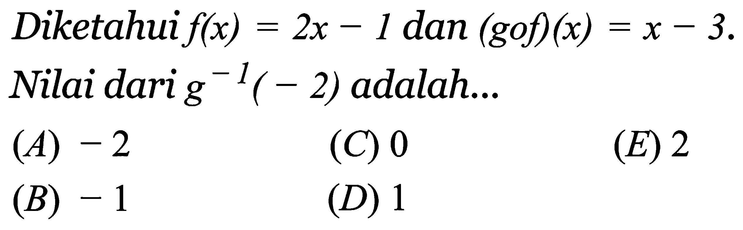 Diketahui f(x) = 2x - 1 dan (g o f)(x) = x - 3. Nilai dari g^(-1)(-2) adalah...