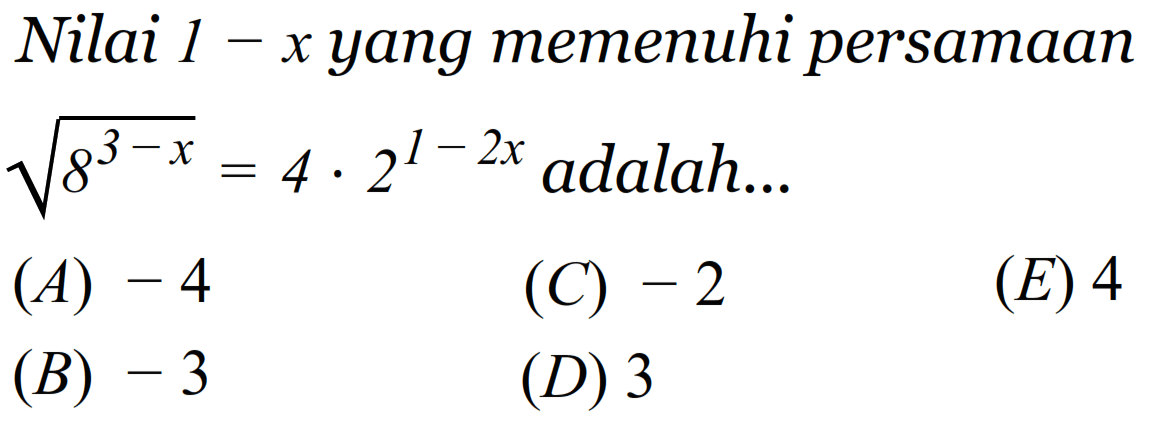 Nilai 1-x yang memenuhi persamaan akar(8^(3-x))=4 . 2^(1-2x) adalah...