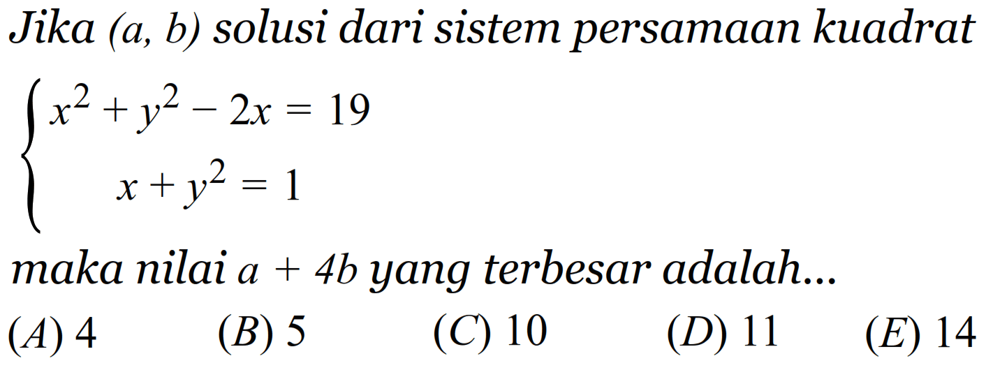 Jika (a, b) solusi dari sistem persamaan kuadrat x^2+y^2-2x=19 x+y^2=1 maka nilai a+4b yang terbesar adalah...