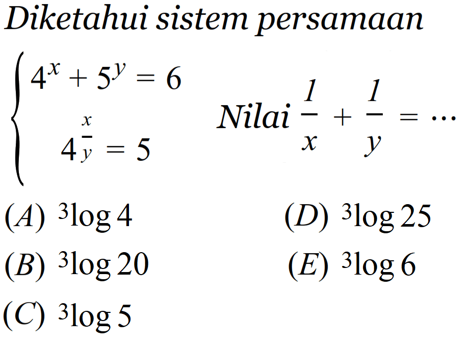 Diketahui sistem persamaan {4^x+5^y=6  4^(x/y)=5. Nilai 1/x+1/y= ... 