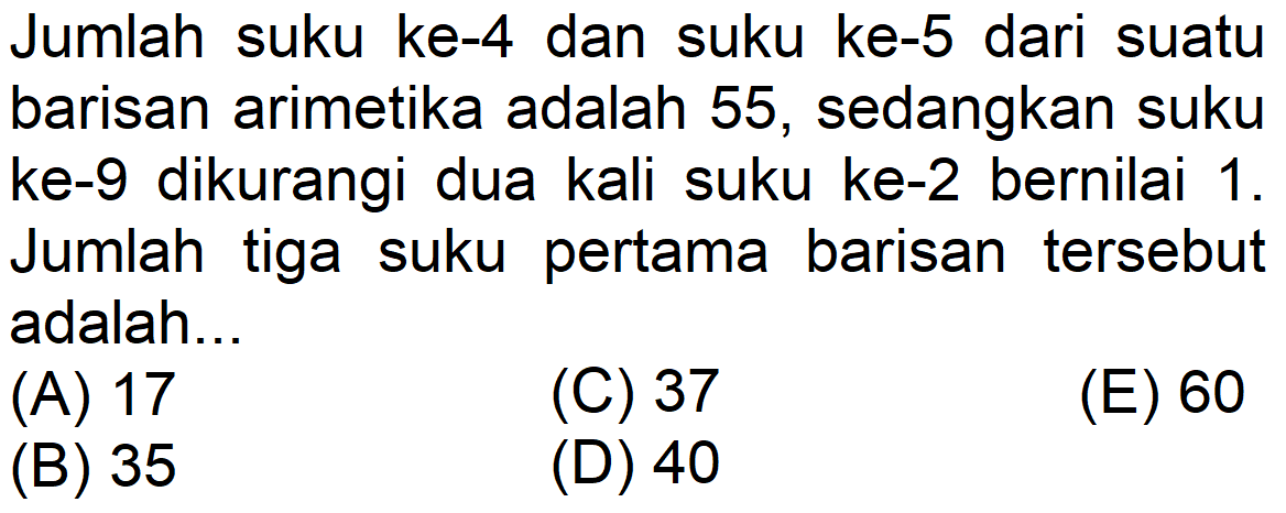 Jumlah suku ke-4 dan suku ke-5 dari suatu barisan arimetika adalah 55, sedangkan suku ke-9 dikurangi dua kali suku ke-2 bernilai 1. Jumlah tiga suku pertama barisan tersebut adalah..