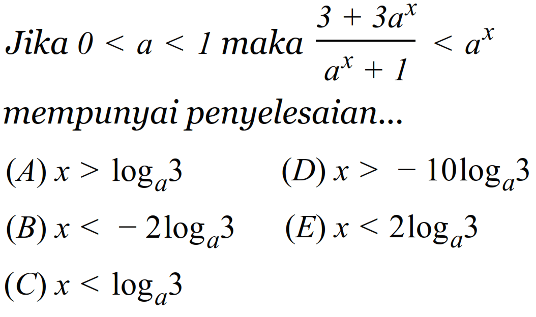 Jika 0 < a < 1 maka  (3+3a^x)/(a^x+1)<a^x mempunyai penyelesaian