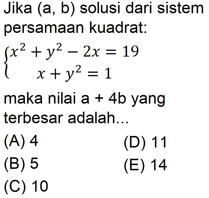 Jika (a,b) solusi dari sistem persamaan kuadrat: x^2+y^2-2x=19 x+y^2=1 maka nilai a+4b yang terbesar adalah .....