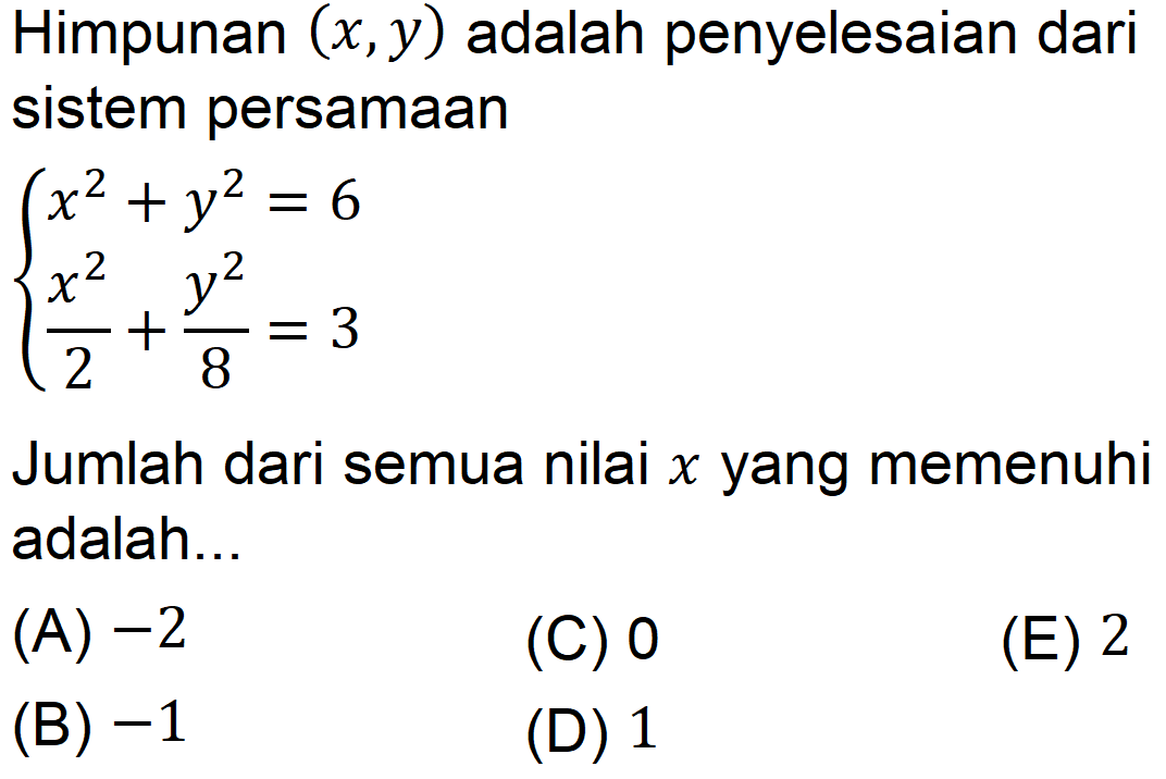 Himpunan (x,y) adalah penyelesaian dari sistem persamaan x^2+y^2 = 6 x^2/2+ y^2/8=3 Jumlah dari semua nilai x yang memenuhi adalah..