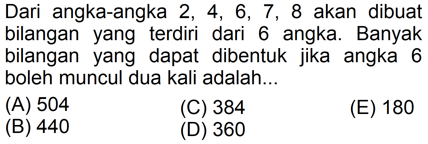 Dari angka-angka 2, 4, 6, 7 , 8 akan dibuat bilangan terdiri yang dari 6 angka. Banyak bilangan yang dapat dibentuk jika angka 6 boleh muncul dua kali adalah.. (A) 504 (C) 384 (E) 180 (B) 440 (D) 360