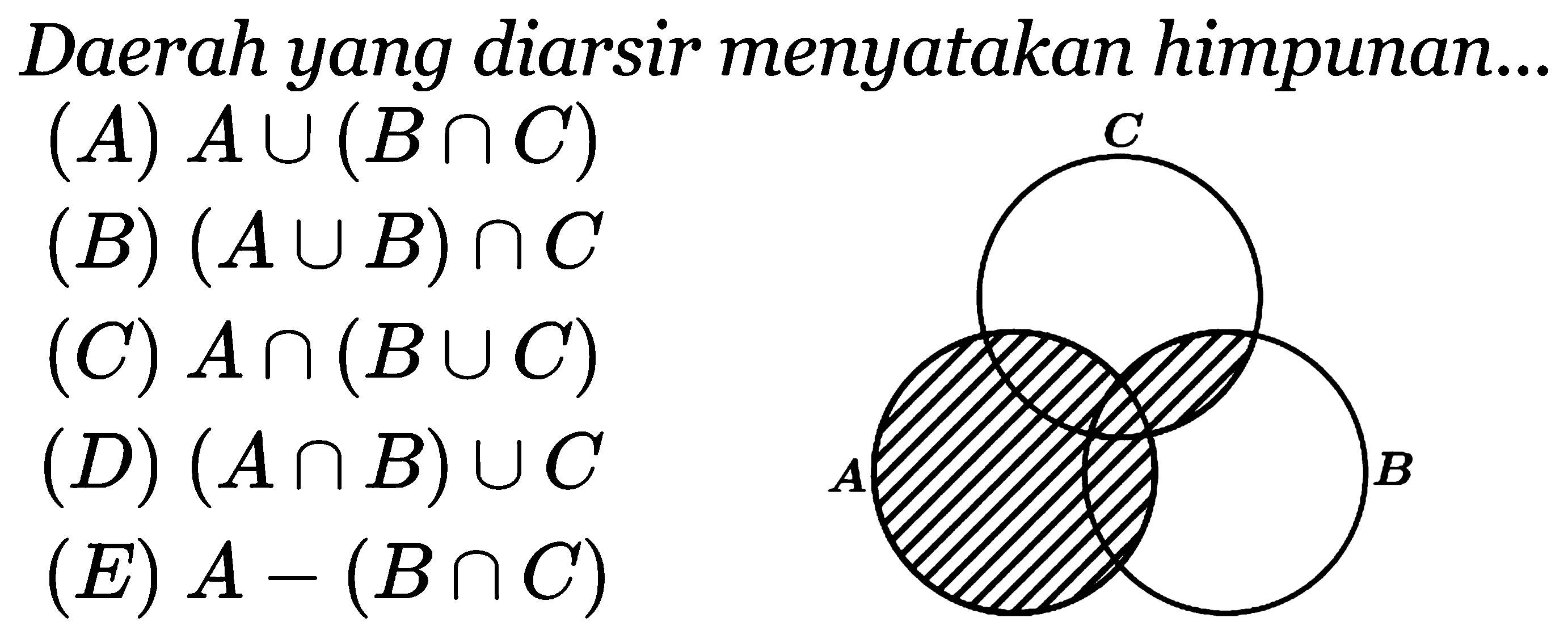 Daerah yang diarsir menyatakan himpunan.. (A) Au (Bnc) (B) (AUB)nc (C) An(BUC) (D) (AnB)UC (E) A-(Bnc)