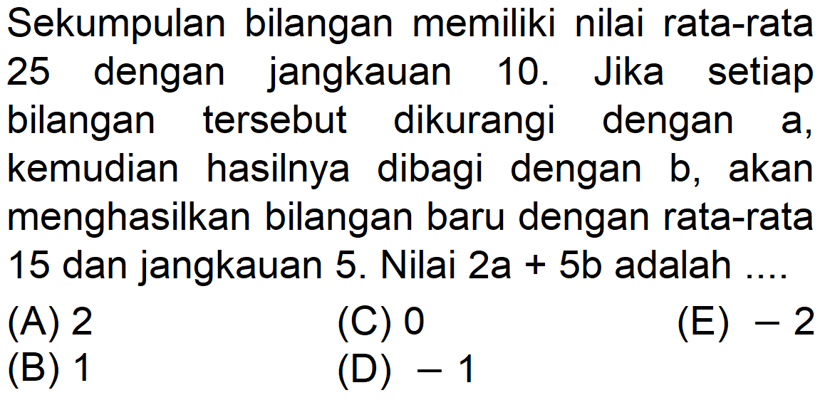Sekumpulan bilangan memiliki nilai rata-rata setiap 25 dengan jangkauan 10. Jika bilangan tersebut dikurangi dengan a, kemudian hasilnya dibagi dengan b, akan menghasilkan bilangan baru dengan rata-rata 15 dan jangkauan 5. Nilai 2a+5b adalah ....