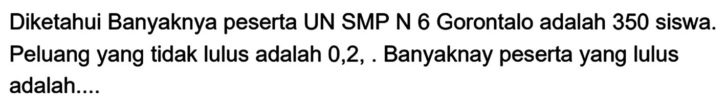 Diketahui Banyaknya peserta UN SMP N 6 Gorontalo adalah 350 siswa. Peluang yang tidak lulus adalah 0,2. Banyaknya peserta yang lulus adalah....