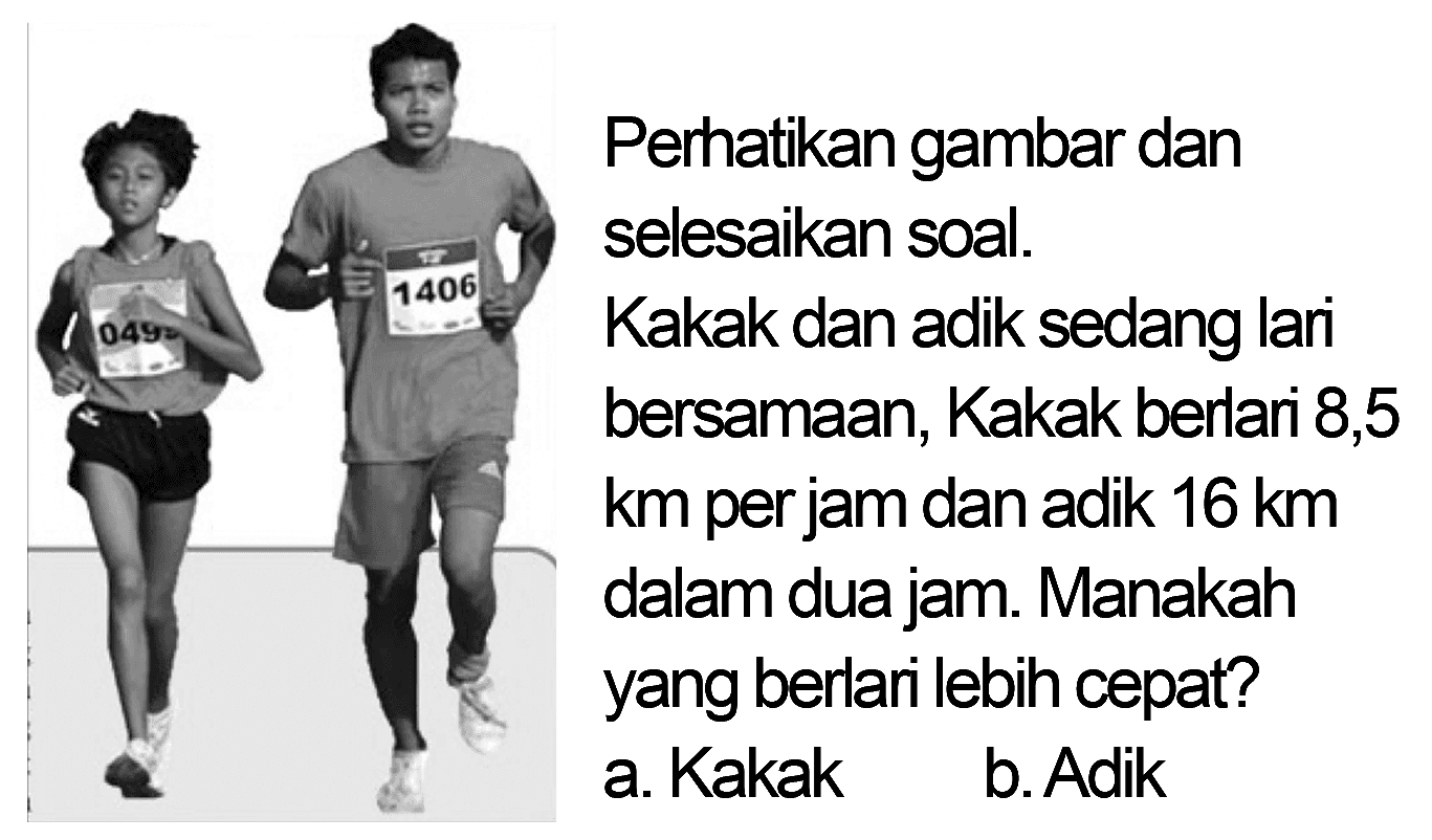 Perhatikan gambar dan selesaikan soal.
Kakak dan adik sedang lari bersamaan, Kakak berlari 8,5 km per jam dan adik 16 km dalam dua jam. Manakah yang berlari lebih cepat?