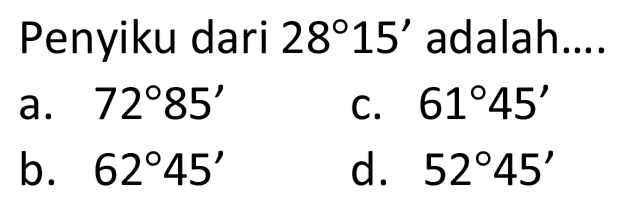 Penyiku dari 28 15' adalah....