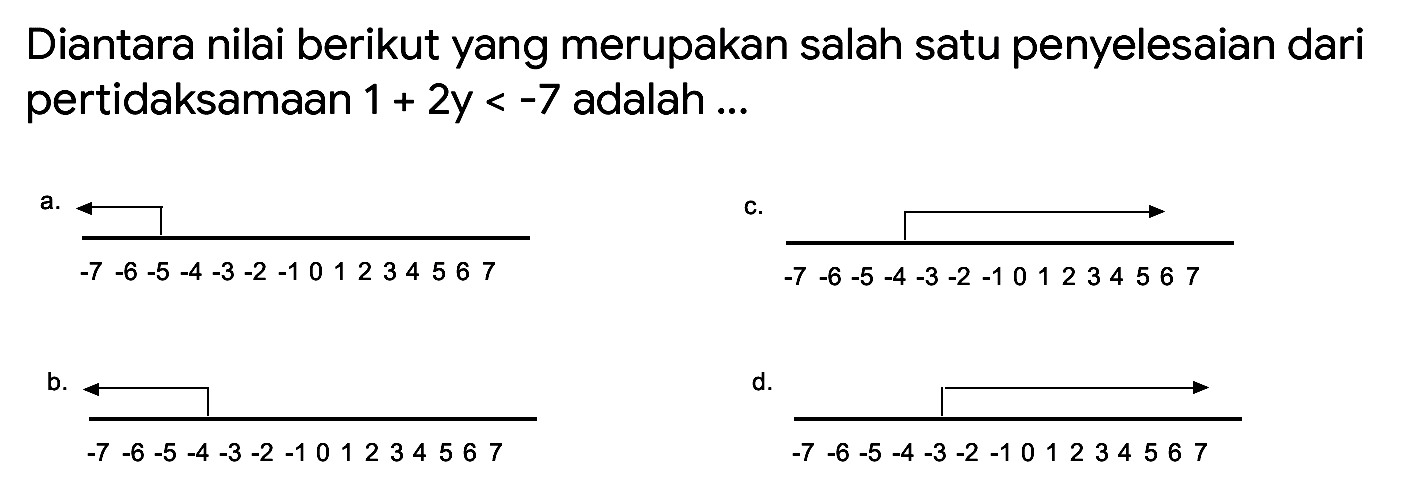 Diantara nilai berikut yang merupakan salah satu penyelesaian dari pertidaksamaan  1+2y < -7  adalah ...
a. - 7 -6 -5 -4 -3 -2 -1 0 1 2 3 4 5 6 7 
b. - 7 -6 -5 -4 -3 -2 -1 0 1 2 3 4 5 6 7 
c. - 7 -6 -5 -4 -3 -2 -1 0 1 2 3 4 5 6 7
d. - 7 -6 -5 -4 -3 -2 -1 0 1 2 3 4 5 6 7  